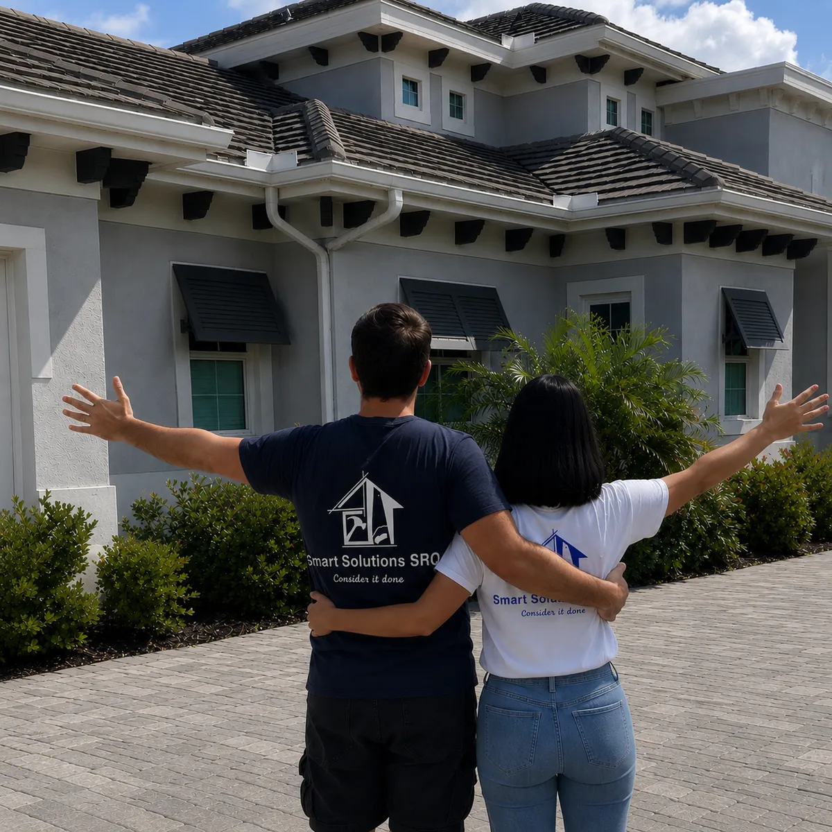 Smart Solutions SRQ team in branded shirts in front of a completed home project in Sarasota, FL